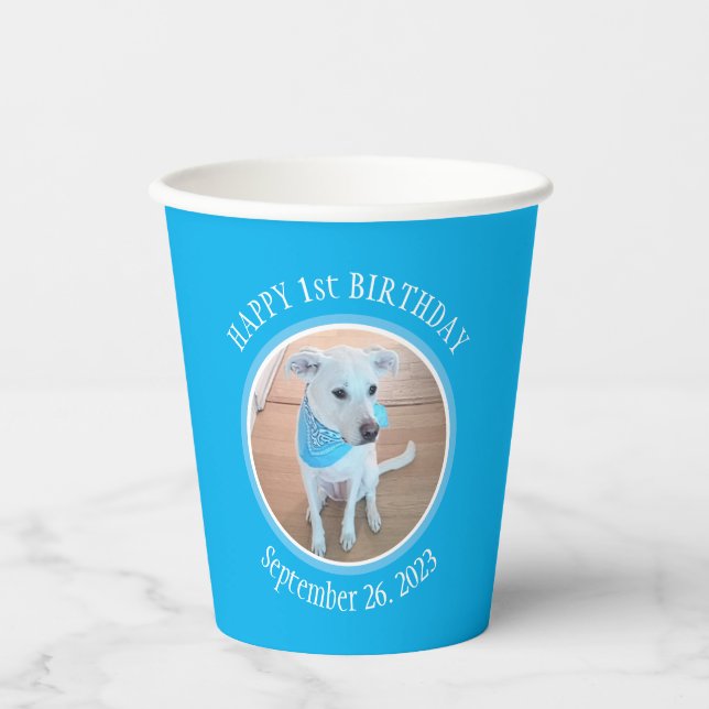 Vasos De Papel Perro de cachorro en azul feliz primer cumpleaños (Anverso)