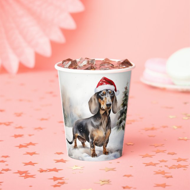 Vasos De Papel Perro de Dachshund en Navidades de nieve (in situ)