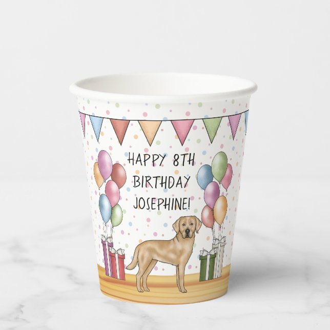 Vasos De Papel Perro de raza Labrador Retriever amarillo Cumpleañ (Anverso)