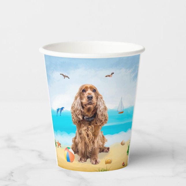 Vasos De Papel Perro español Cocker en la playa (Anverso)