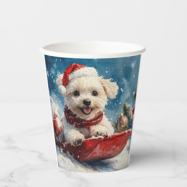 Vasos De Papel Perro maltés con manchas deja que nieve Navidades (Anverso)