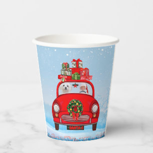 Vasos De Papel Perro maltés en coche con Papá Noel