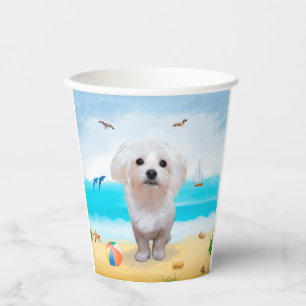 Vasos De Papel Perro maltés en la playa