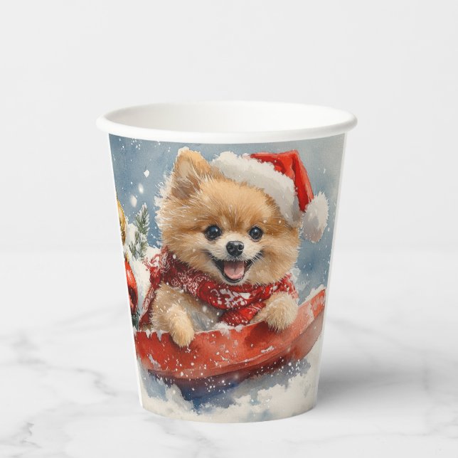 Vasos De Papel Perro panomerano en escurrimiento deja que nieve N (Anverso)