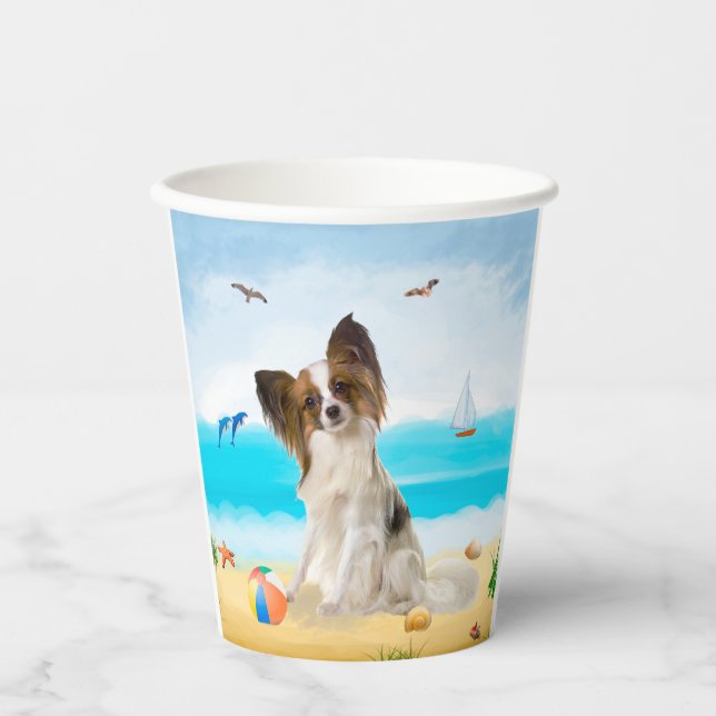 Vasos De Papel Perro Papillon en la playa (Anverso)