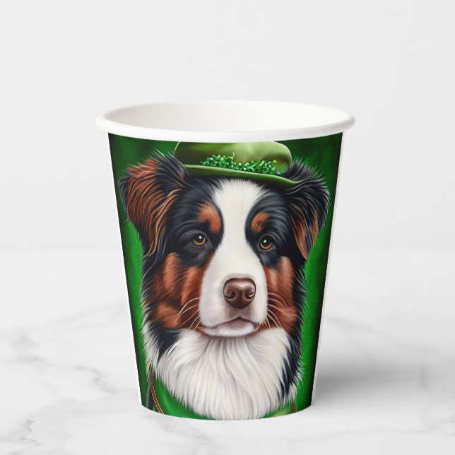 Vasos De Papel Perro pastor australiano con vestido de San Patric (Anverso)
