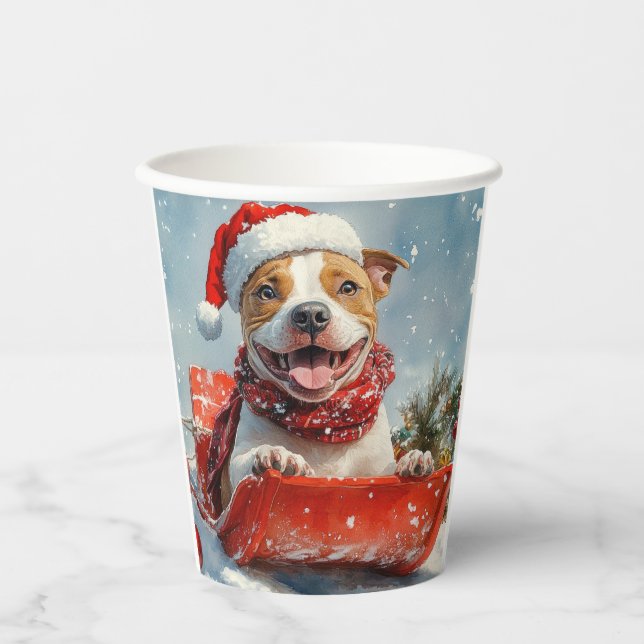 Vasos De Papel Perro Pitbull en la mancha, Navidades de la nieve (Anverso)