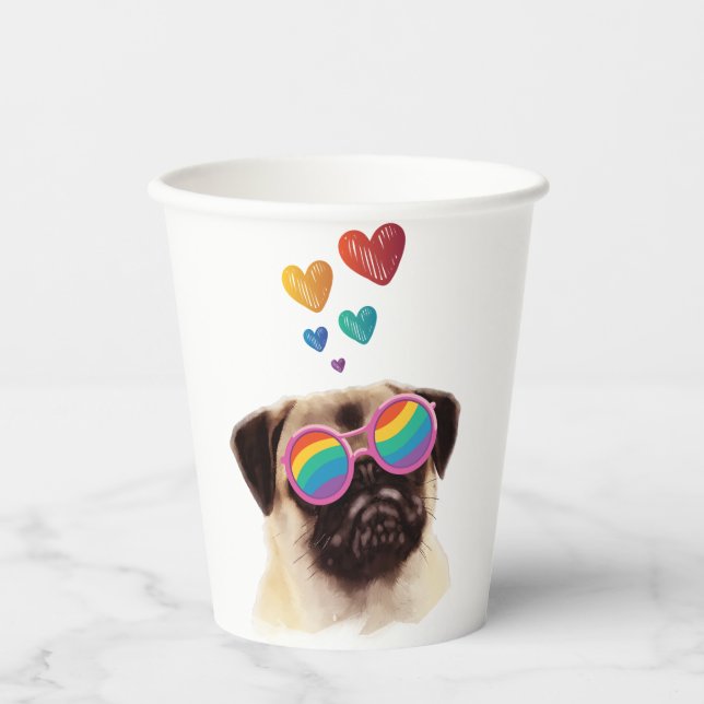 Vasos De Papel Perro Pug con Corazones Día de San Valentín (Anverso)