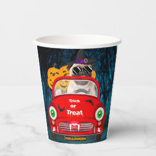 Vasos De Papel Perro Pug conduciendo auto asusta Halloween