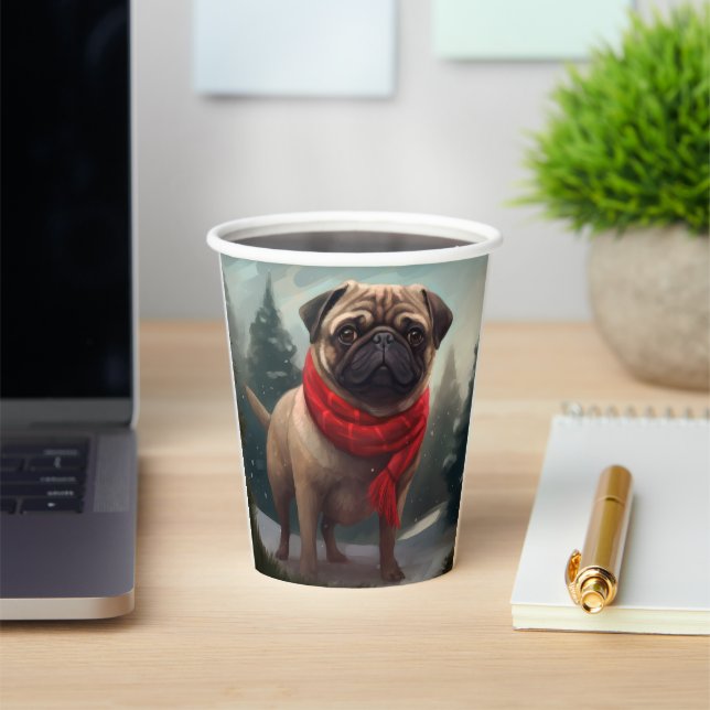 Vasos De Papel Perro Pug en Navidad con Nieve (in situ)