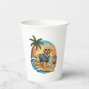Vasos De Papel Perro Retriever Dorado Surfing Surfboard Atardecer