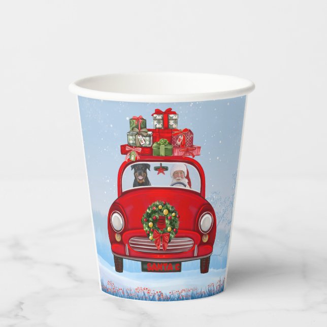 Vasos De Papel Perro Rottweiler En Coche Con Santa Claus (Anverso)