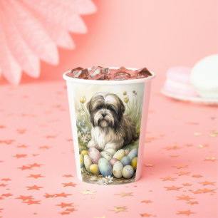 Vasos De Papel Perro Terrier Tibetano con huevos de Pascua