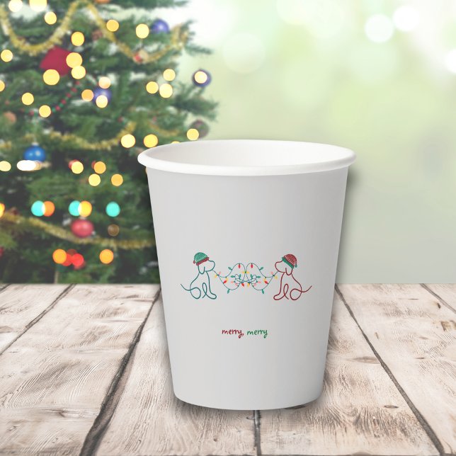Vasos De Papel Perros jugando con Navidades Fiesta de luces (Merry, Merry Cup, featuring 2 cute dogs with winter hats and Christmas lights.  Holiday Party Time!)