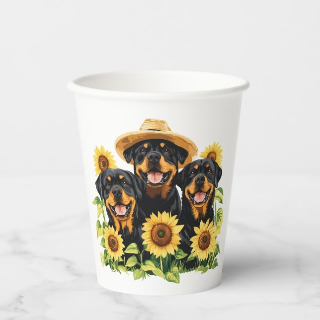 Vasos De Papel Perros Rottweiler Rodeados De Sunflowers (Anverso)