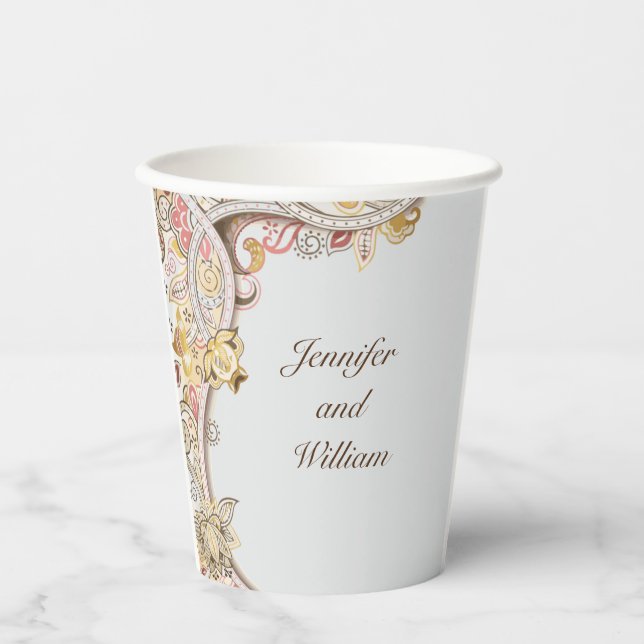 Vasos De Papel Personaliza Nombre Floral Sofisticada Boda (Anverso)