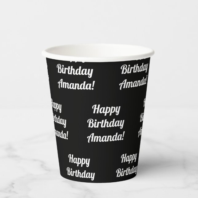 Vasos De Papel Personalizable Feliz Cumpleaños Texto | Blanco y n (Anverso)