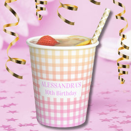 Vasos De Papel Personalizable Pastel Gingham Gradient Cumpleaños