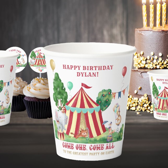 Vasos De Papel Personalización del circo como "Big Top" y de los  (Circus Themed Paper Cups personalized for Kids Birthday)
