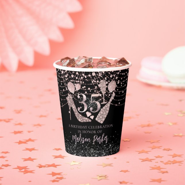 Vasos De Papel Personalizado 35º Rosa de cumpleaños Purpurina de  (in situ)
