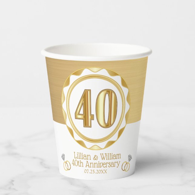 Vasos De Papel Personalizado 40 Aniversario de Oro o Cumpleaños,  (Anverso)