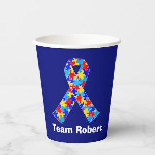 Vasos De Papel Personalizado Autism Awareness Ribbon Fiesta azul