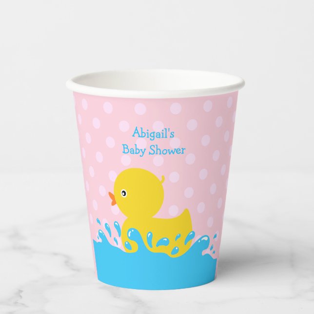 Vasos De Papel Personalizado Baby Shower de pato rosa y amarillo (Anverso)