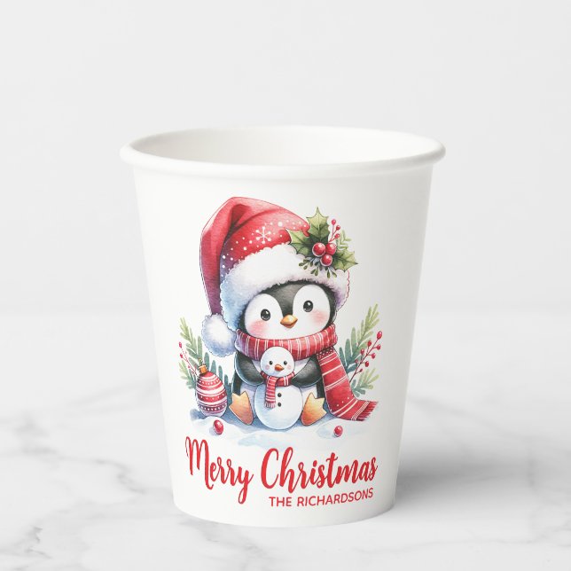 Vasos De Papel Personalizado Blanco Rojo Cute Pingüino Feliz Navi (Anverso)