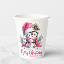 Vasos De Papel Personalizado blanco rosado Cute Pingüino Feliz Na