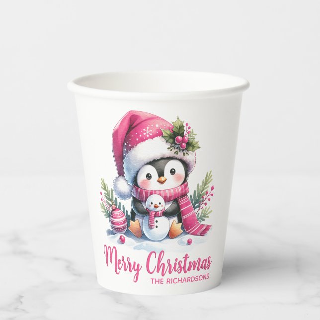 Vasos De Papel Personalizado blanco rosado Cute Pingüino Feliz Na (Anverso)