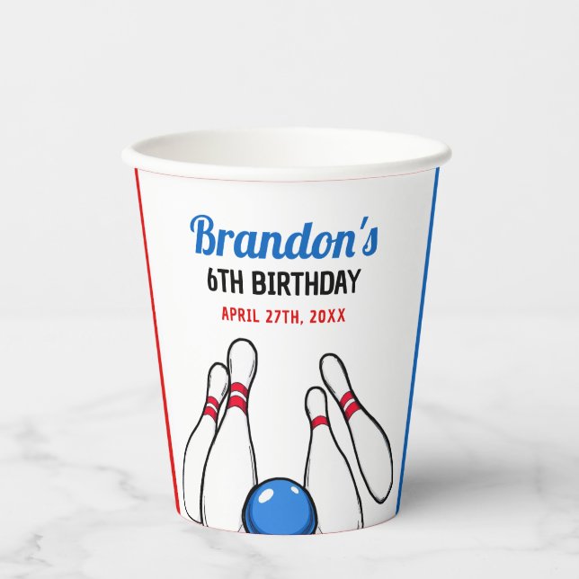 Vasos De Papel Personalizado Blue & Red Bowling Kids 6º cumpleaño (Anverso)