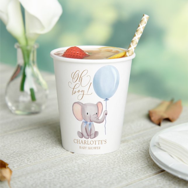 Vasos De Papel Personalizado Boy Blue Balloon Cute Elephant Baby  (in situ)