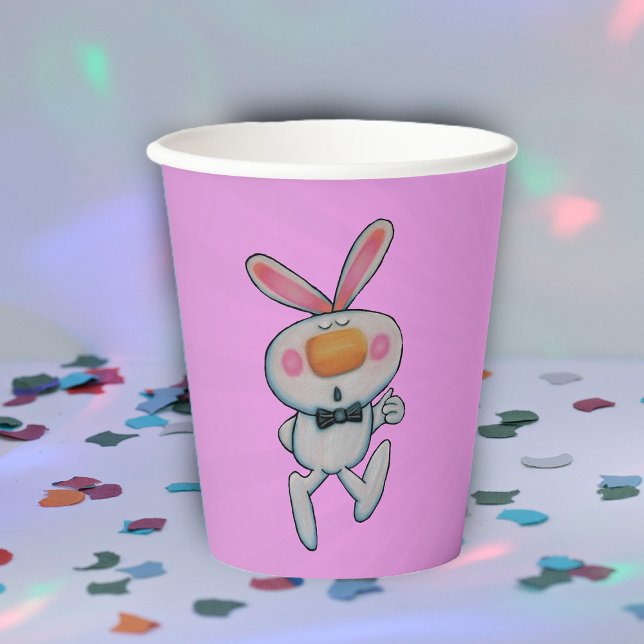 Vasos De Papel Personalizado Conejo Blanco lanza nariz Naranja so (Cartoon white bunny rabbit thumbs up sign on pink paper drinking party cups.)