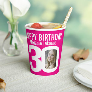 Vasos De Papel personalizado de 30 años dos foto rosa blanco