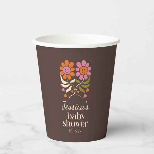 Vasos De Papel Personalizado de Baby Shower Retro Boho Brown Flow (Anverso)