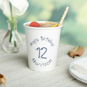 Vasos De Papel Personalizado de cumpleaños blanco azul de cuerda