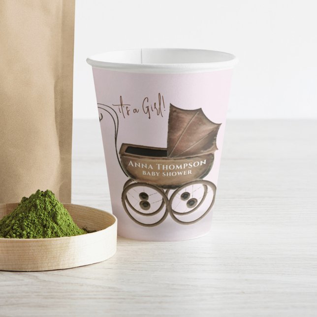 Vasos De Papel Personalizado De Ducha De Bebé Rosa Cute (Cute baby girl pink watercolor paper cup)