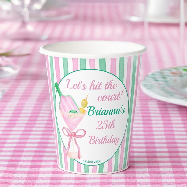Vasos De Papel Personalizado de fiesta de cumpleaños verde y rosa (Pickleball pink and green birthday party personalized  paper cups  sports party supplies)
