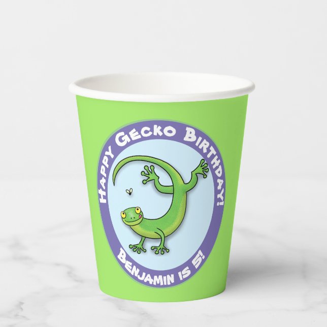 Vasos De Papel Personalizado de gecko verde gracioso (Anverso)