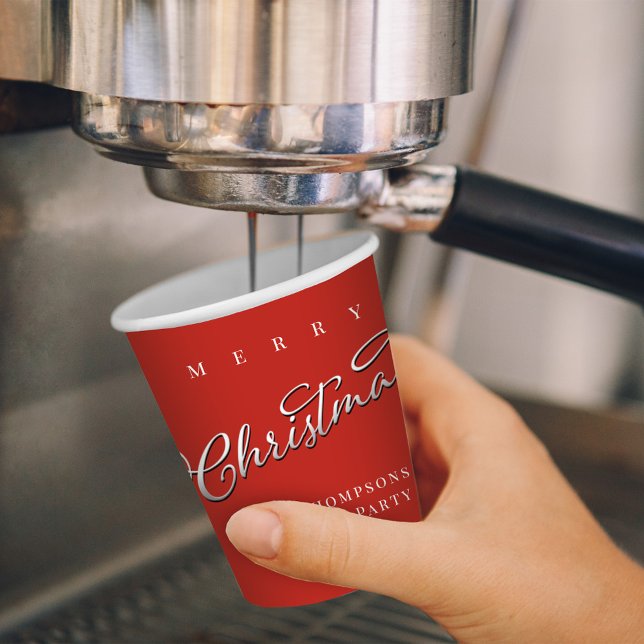 Vasos De Papel Personalizado de guiones de navidad de moras rojas (Merry Christmas holiday silver calligraphy red paper cup. )