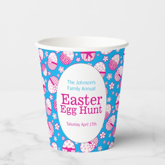 Vasos De Papel Personalizado de huevo de Pascua blanco rosa azul (Anverso)