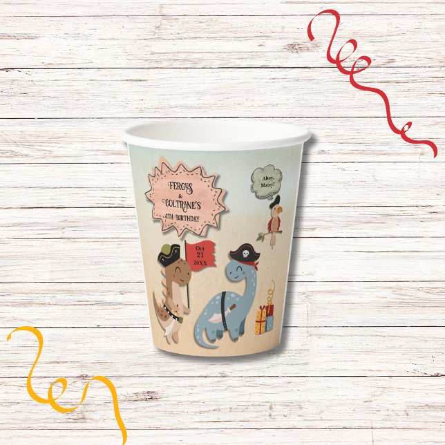 Vasos De Papel Personalizado de la fiesta de cumpleaños de los ni (Dinosaur Pirate Twins Birthday Party paper cups featuring TRex & Brontosaurus dinos in Pirate gear.)