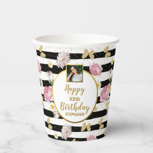 Vasos De Papel Personalizado de mariposa rosada floral de oro