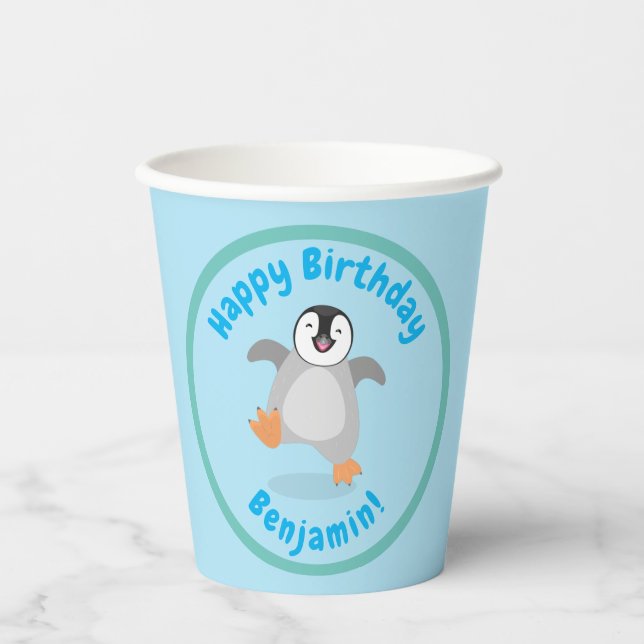 Vasos De Papel Personalizado de pingüino feliz de bebé (Anverso)