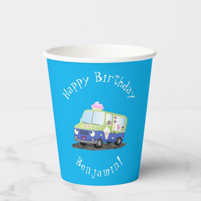 Vasos De Papel Personalizado de un camión de helados alegre (Anverso)