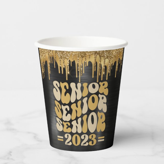 VASOS DE PAPEL PERSONALIZADO DRIP DE PURPURINA NEGRO Y ORO SUPERI (Anverso)