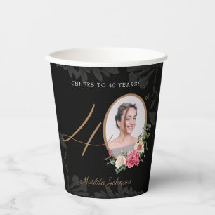 Vasos De Papel Personalizado Floral Black Gold Foto 40 cumpleaños