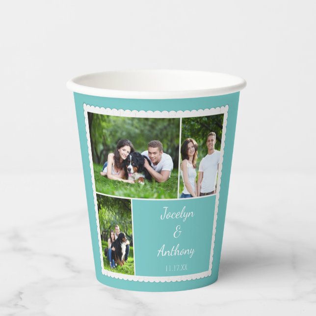 Vasos De Papel Personalizado Foto Verde azulada Boda azul y blanc (Anverso)