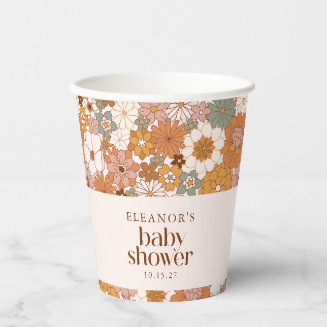 Vasos De Papel Personalizado Retro Terracotta Boho Floral Baby Sh (Anverso)