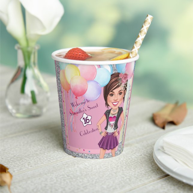 Vasos De Papel Personalizado Sweet 16 Caricatura con globos (in situ)